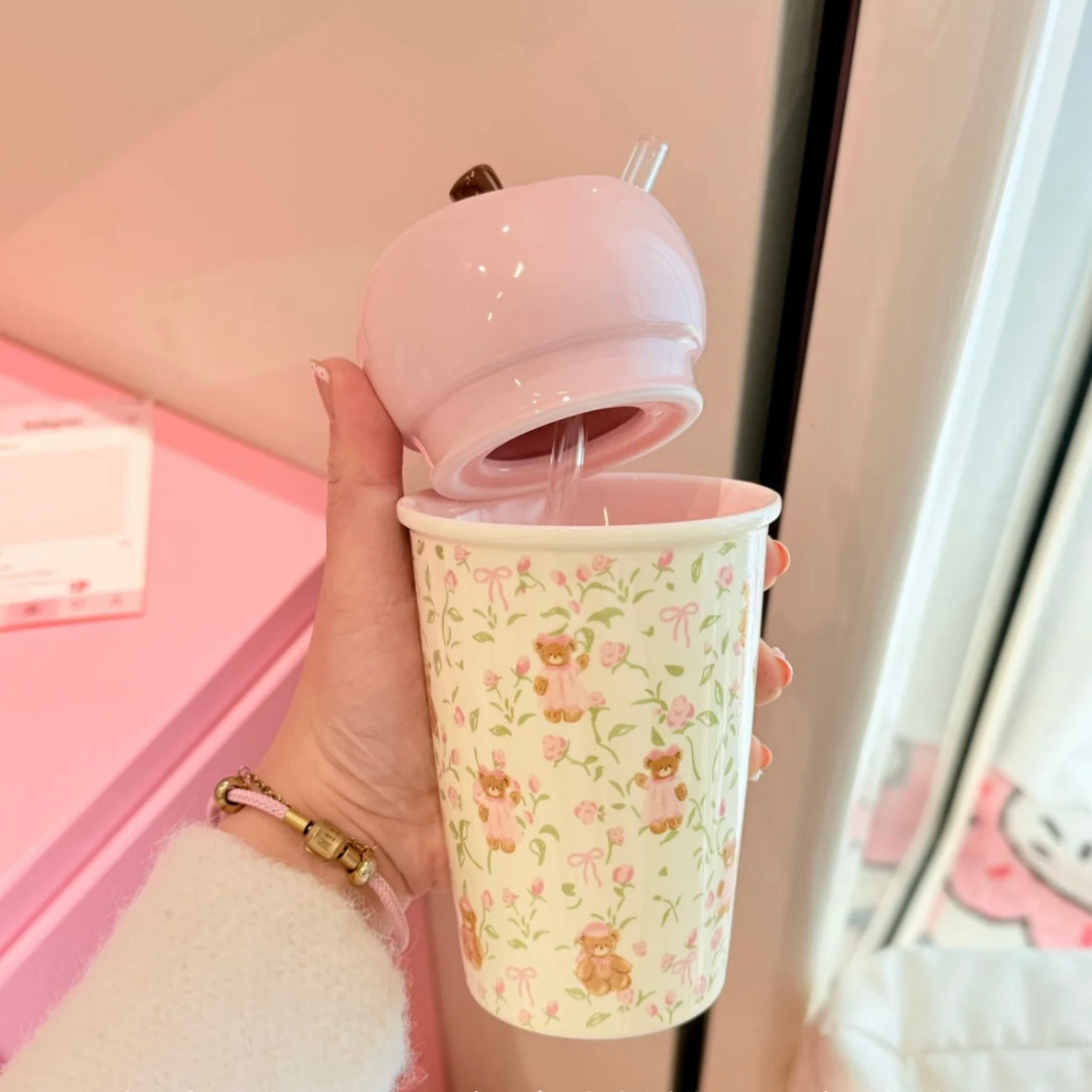 Household Creative Apple and Bear Print Ceramic Cup with Straw