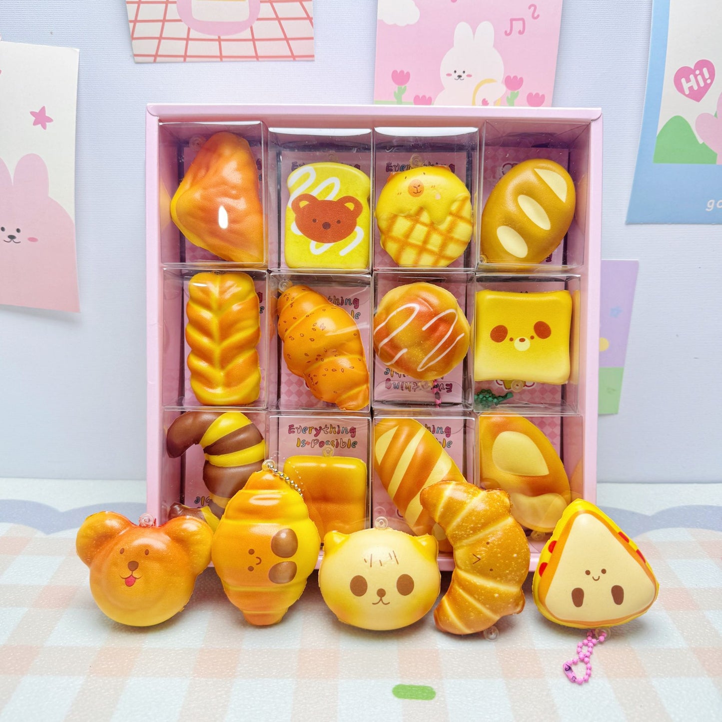 24pcs Mini Slow Rising Squishy Bread/Crybaby/Crybaby/Labubu/Capybara/WAKUKU/Sanrio Keychians Stress Relief Decompression Toy (It Feels Hard)